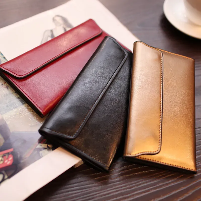 Women Simple Solid Color Leather Long Purses