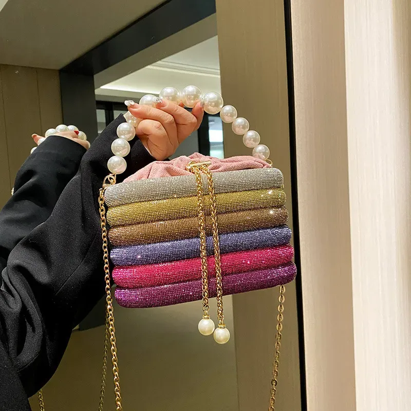 Women Fashion Fine Flash Pearl Handle Chain Evening Bag