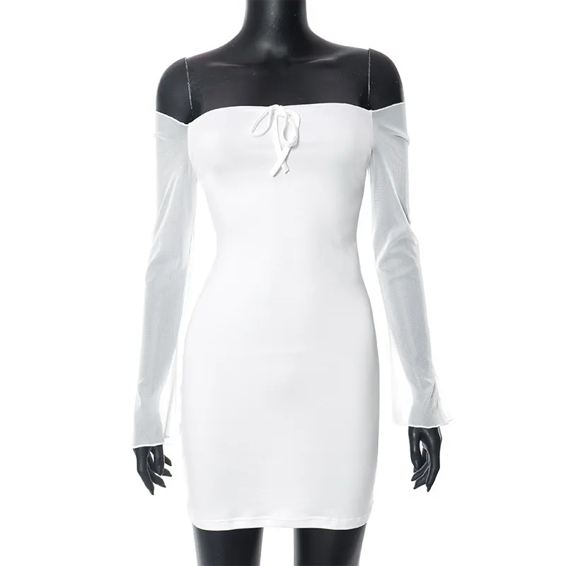 Women Nightclub Fashion Sexy Solid Color Off Shoulder Long Sleeve Bow Decorative Mini Dress - Image 5