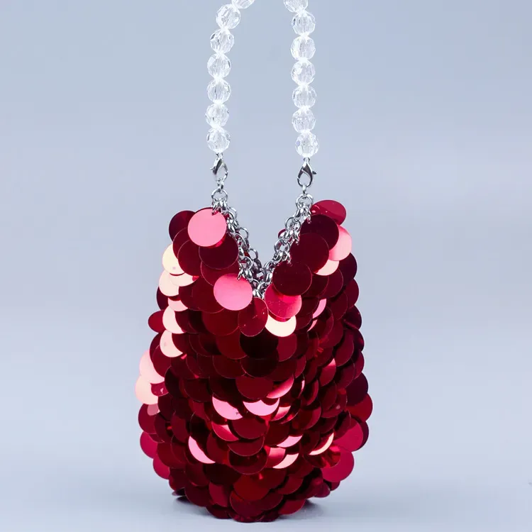 Women Fashion Red Sequin Transparent Beaded Handle Evening Bag