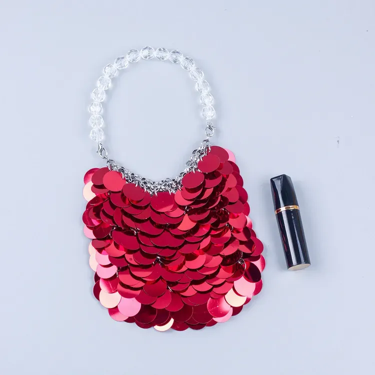 Women Fashion Red Sequin Transparent Beaded Handle Evening Bag - Image 3