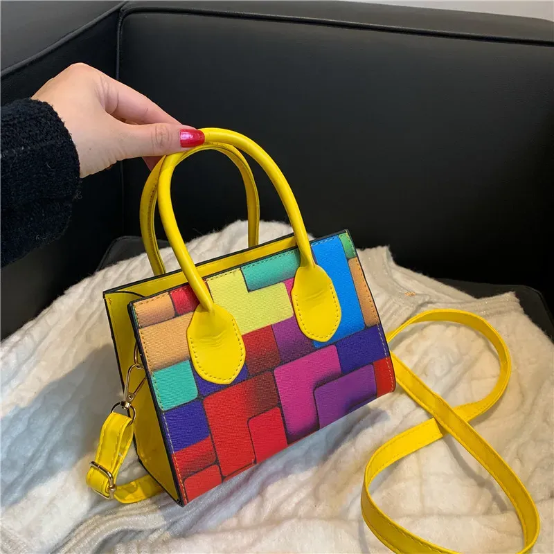 Women Fashion Square Color Block Handle Shoulder Bag
