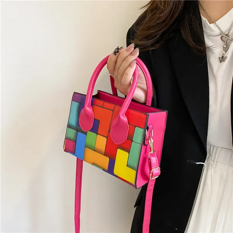 Women Fashion Square Color Block Handle Shoulder Bag - Image 3
