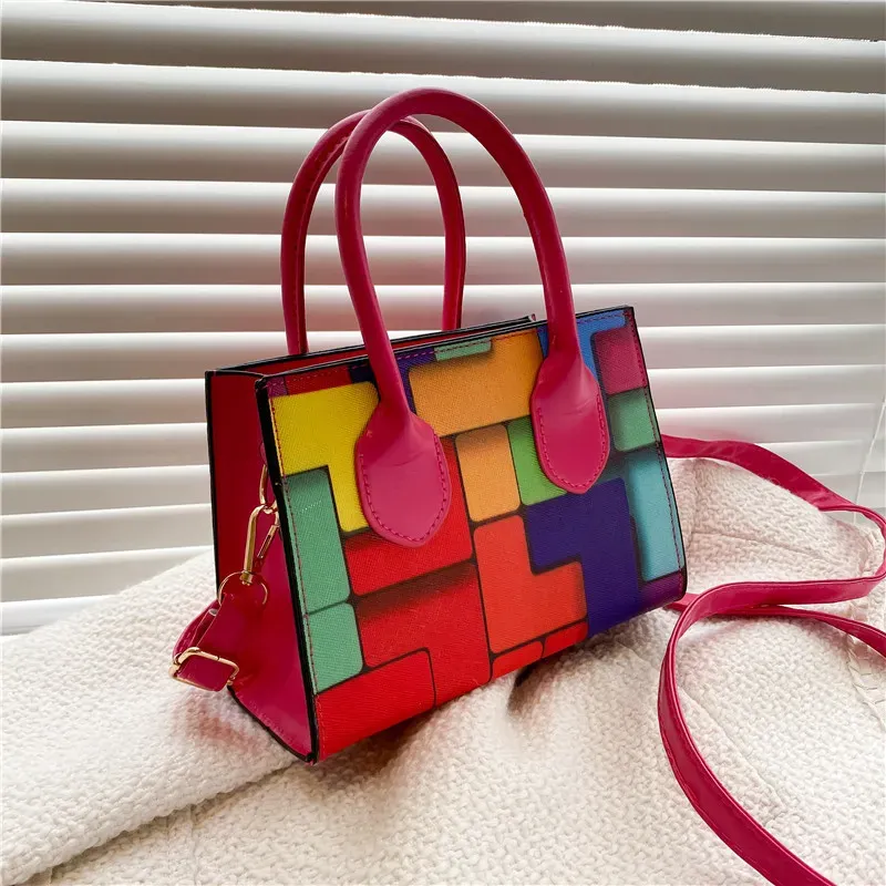 Women Fashion Square Color Block Handle Shoulder Bag - Image 4