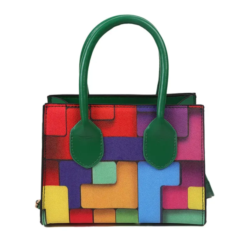Women Fashion Square Color Block Handle Shoulder Bag - Image 7