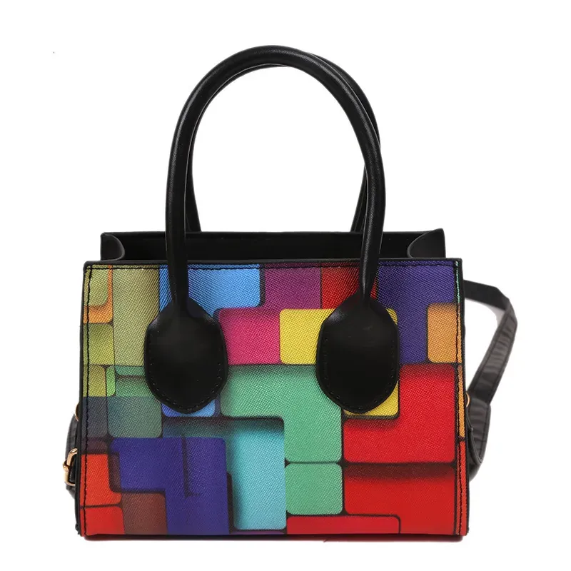 Women Fashion Square Color Block Handle Shoulder Bag - Image 8