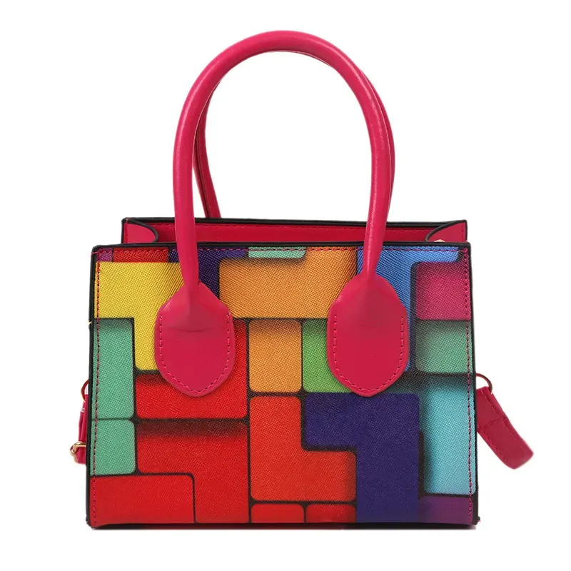 Women Fashion Square Color Block Handle Shoulder Bag - Image 9
