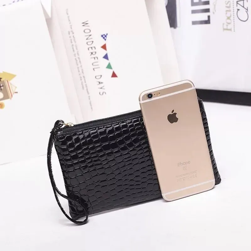 Women Simple Solid Color Stone Pattern Zipper Long Purses - Image 3