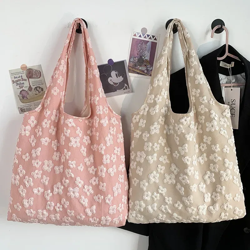 Women Simple Floral Lace Embroidered Large Capacity Canvas Tote Bag