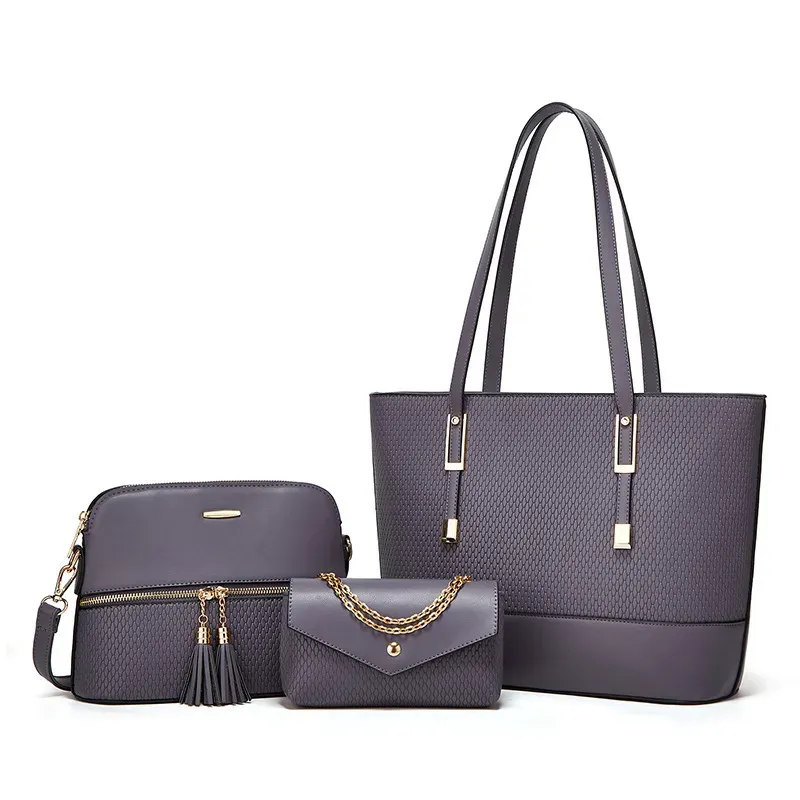 Women Fashion Solid Color Large Capacity Tassel Zipper Wallet Handle Bag Three-Piece Set