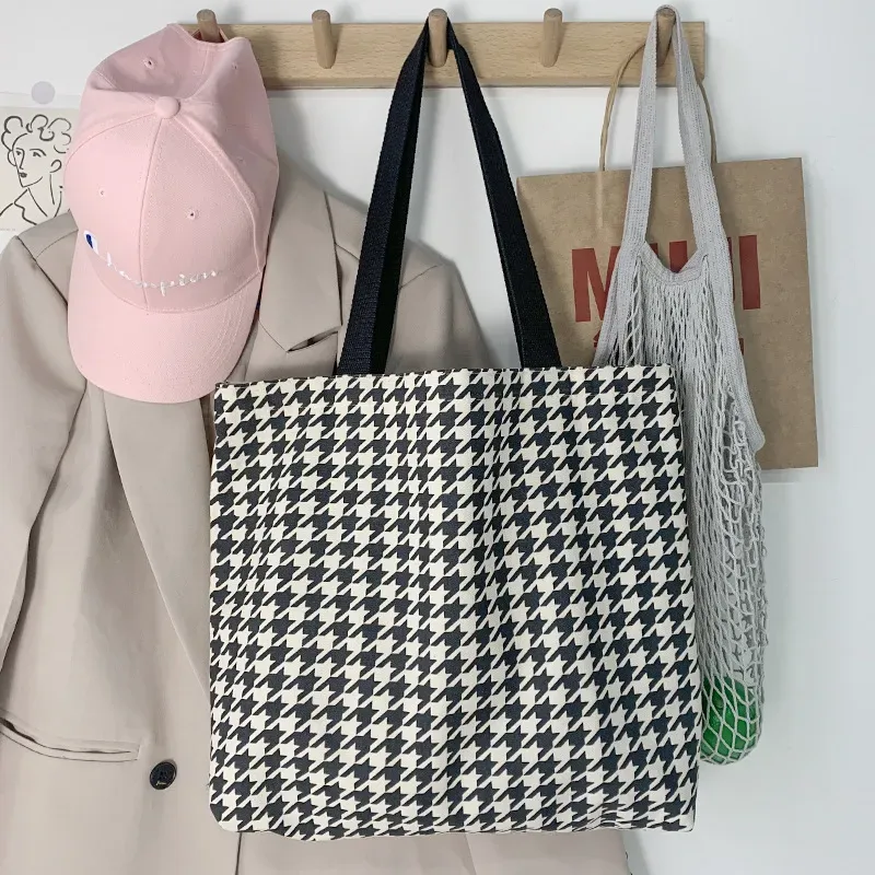 Women Fashionable Large Capacity Houndstooth Canvas Tote Bag - Image 3