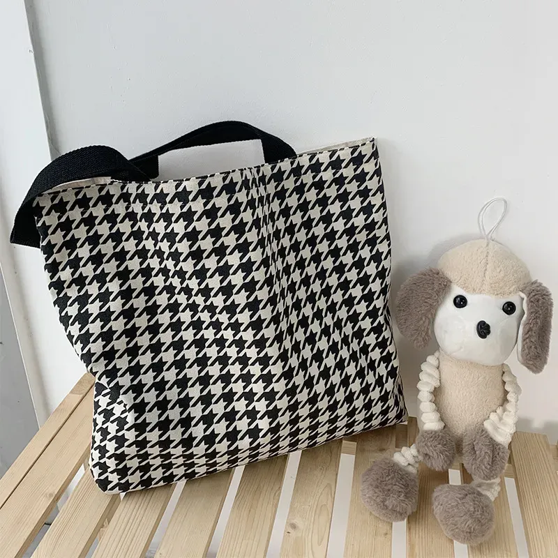 Women Fashionable Large Capacity Houndstooth Canvas Tote Bag - Image 4
