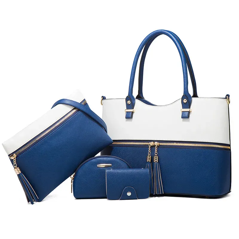 Women Fashion Large Capacity Color-Block Tassel Zipper Wallet Handle Bag Four-Piece Set