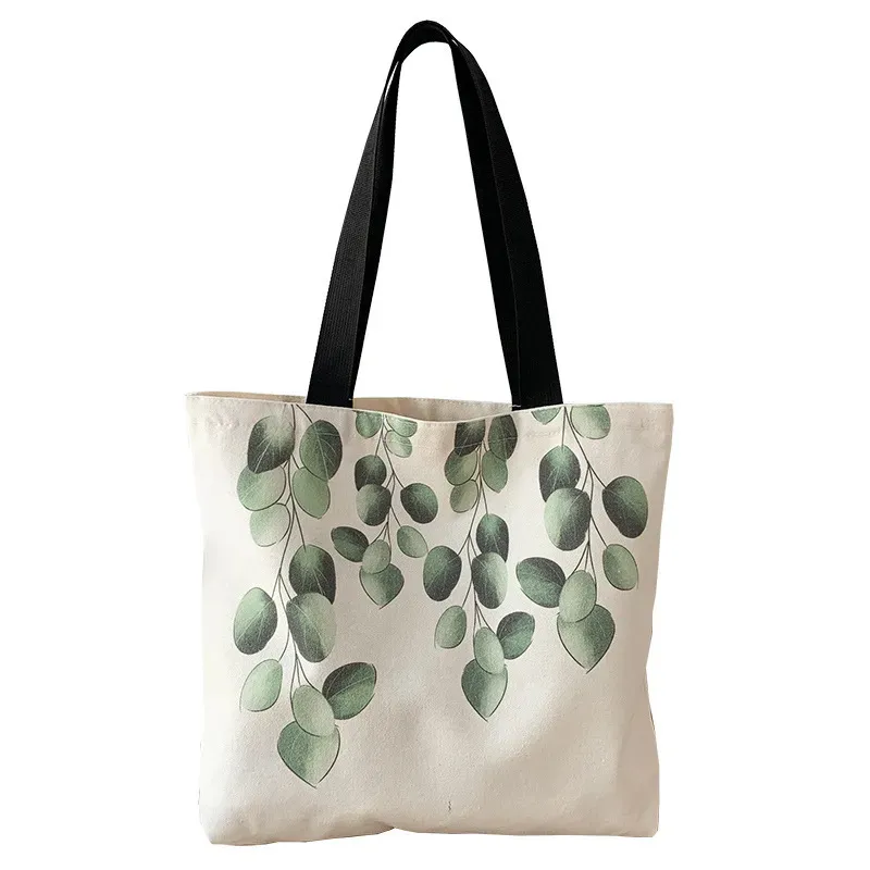 Women Simple Leaf Print Large-Capacity Canvas Tote Bag - Image 4