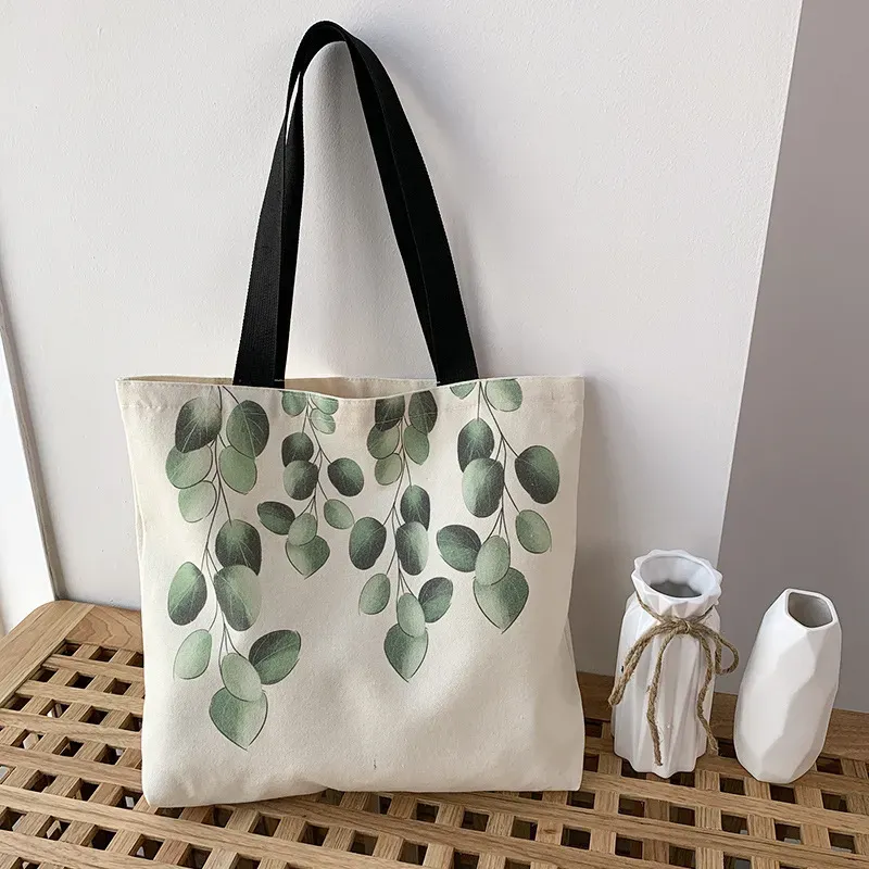 Women Simple Leaf Print Large-Capacity Canvas Tote Bag - Image 5