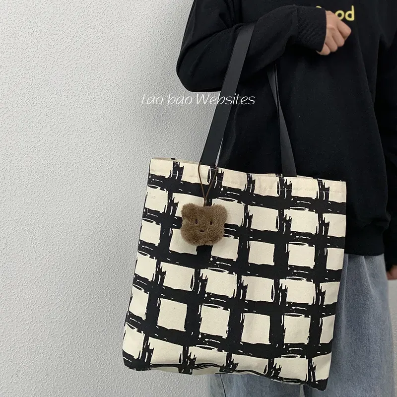 Women Fashionable Large Capacity Check Bear Pendant Canvas Tote Bag - Image 3