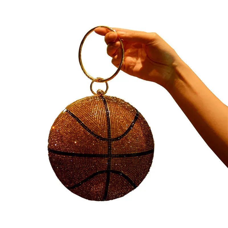 Women Fashion Creative Basketball Shape Rhinestone Ring Handle Chain Evening Bag - Image 3