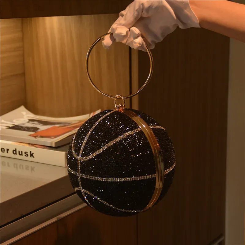 Women Fashion Creative Basketball Shape Rhinestone Ring Handle Chain Evening Bag - Image 5