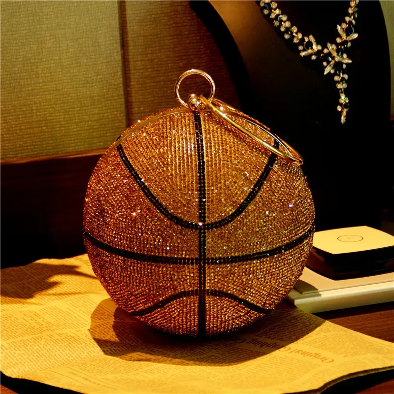 Women Fashion Creative Basketball Shape Rhinestone Ring Handle Chain Evening Bag - Image 6
