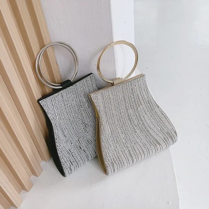Women Fashion Tassel Rhinestone Ring Handle Evening Bag