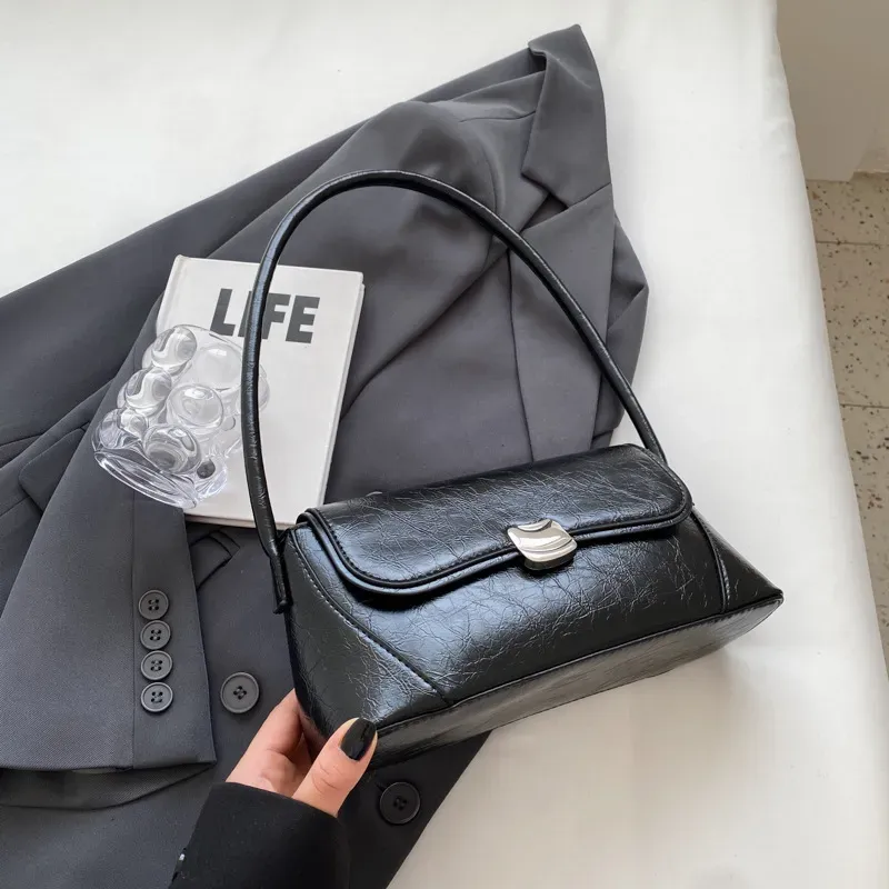 Women Simple Solid Color PU Magnetic Button Flip-On Square Shoulder Underarm Bag - Image 6