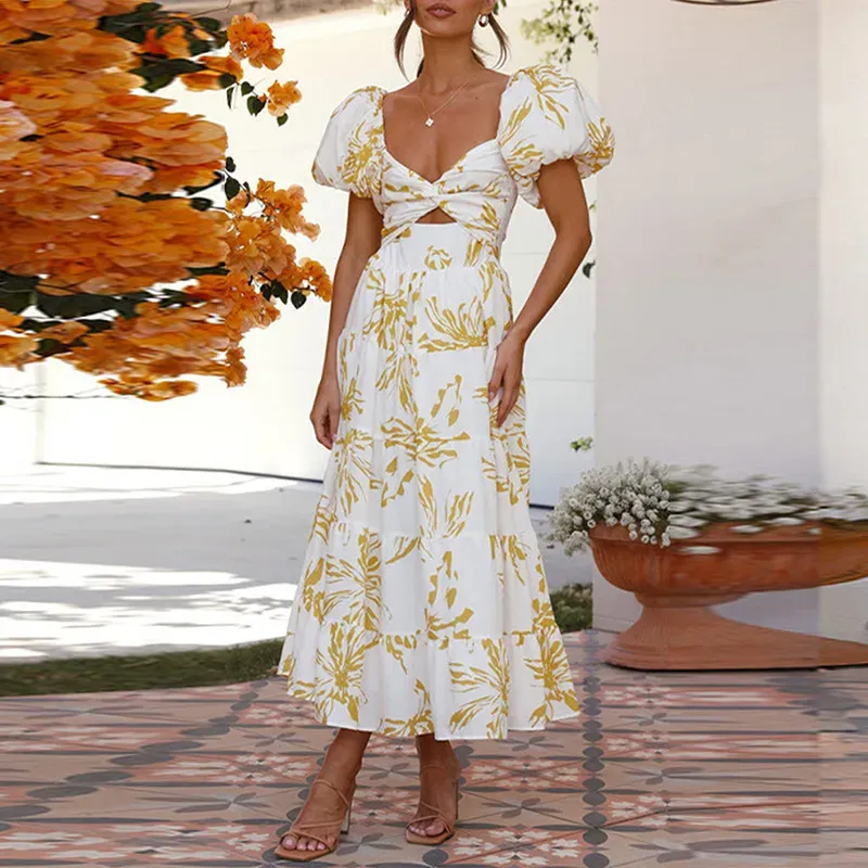 Summer Women Fashion Casual Sweet Floral Print Maxi Dress - Image 3