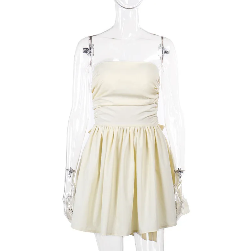 Women Fashion Sexy Solid Color Strapless Bow Mini Dress - Image 5