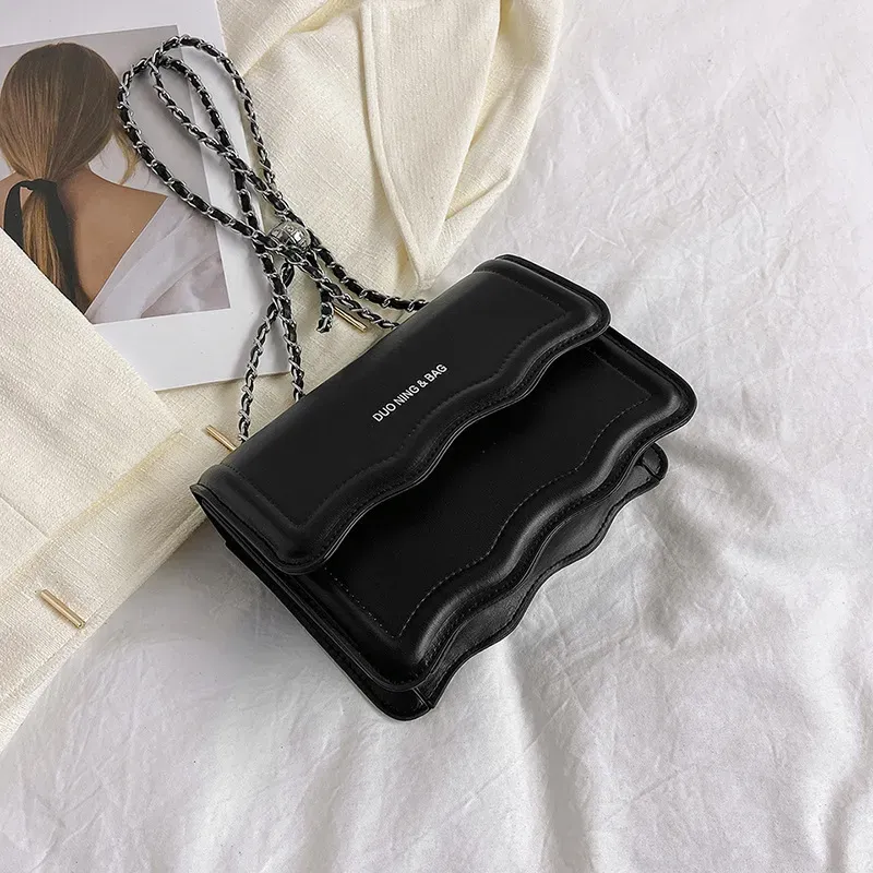Women Fashionable Simple Solid Color Wave Edge Flap Square Chain Crossbody Bag