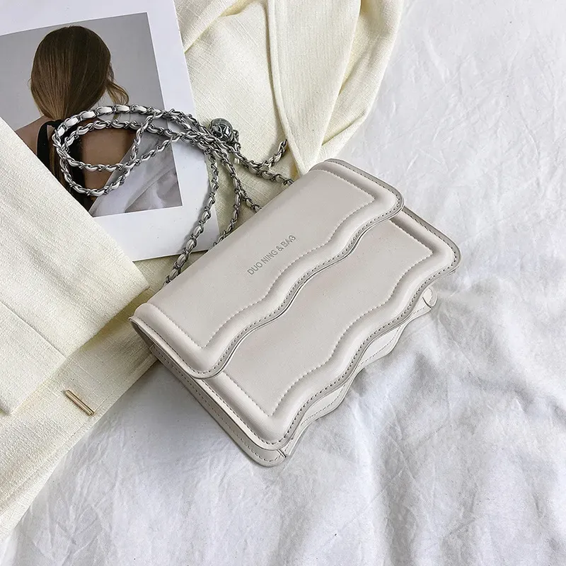 Women Fashionable Simple Solid Color Wave Edge Flap Square Chain Crossbody Bag - Image 6