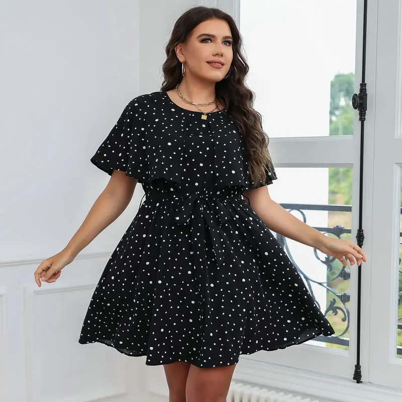 Summer Women Fashion Plus Size Polka Dot Print Short Sleeve Dress