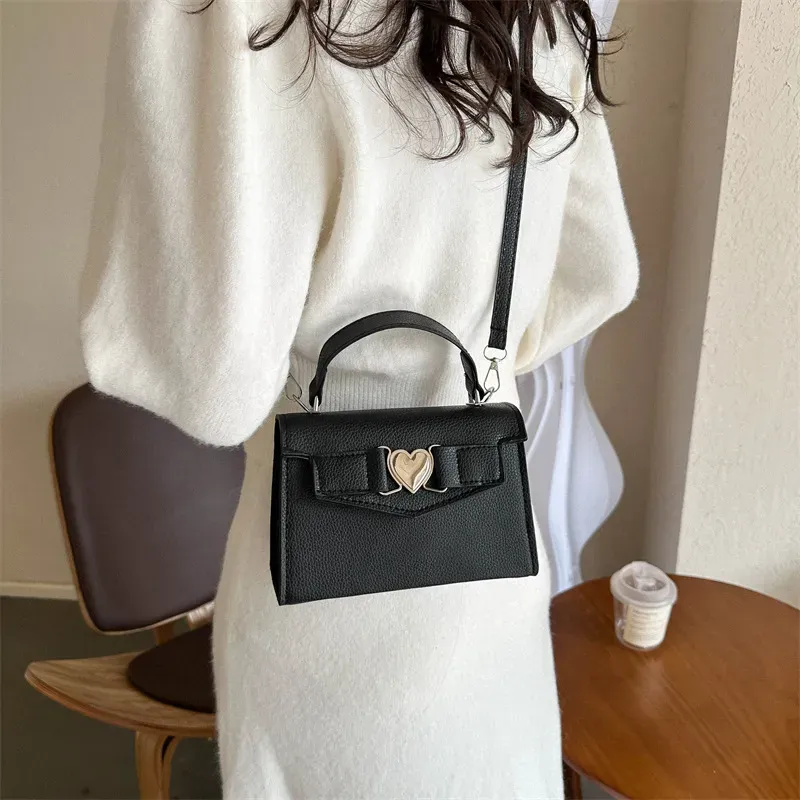 Women Simple Solid Color Heart-Shaped Buckle Square Handle Shoulder Bag - Image 4