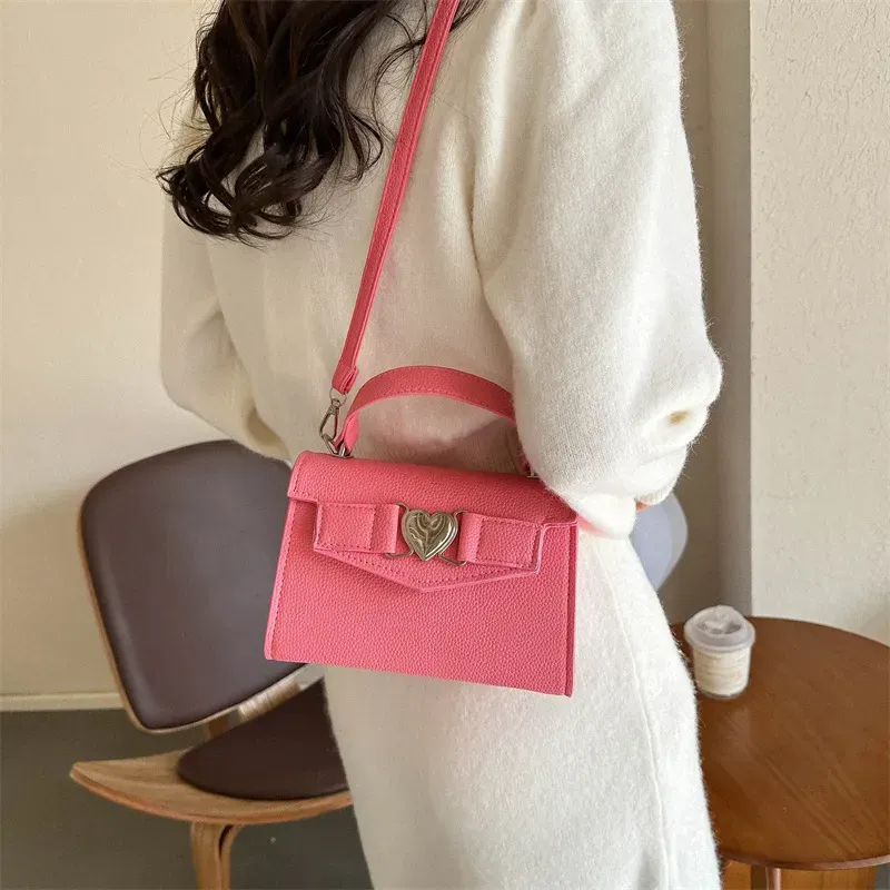 Women Simple Solid Color Heart-Shaped Buckle Square Handle Shoulder Bag - Image 5