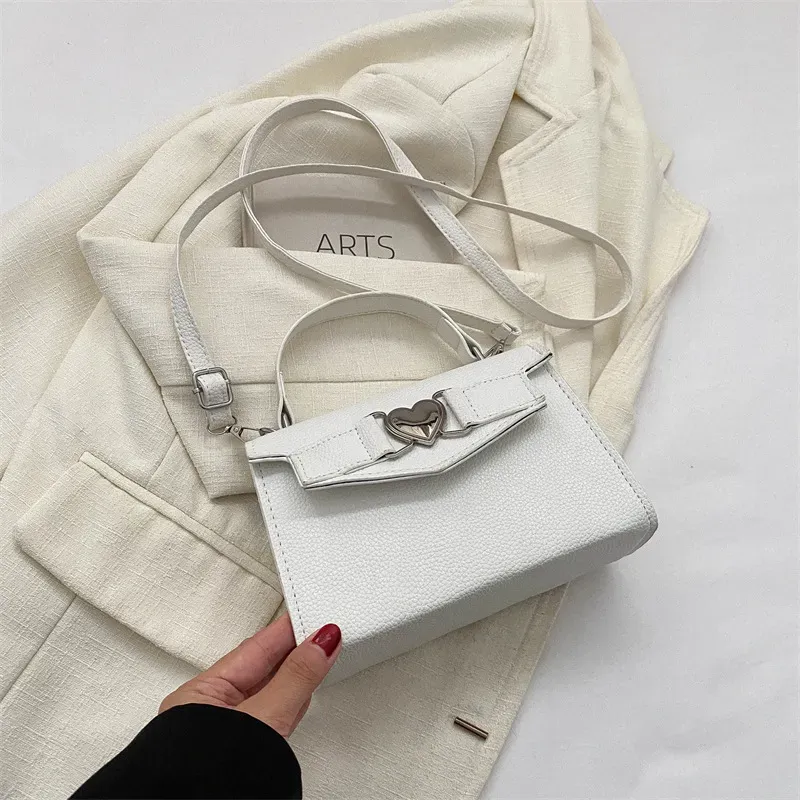 Women Simple Solid Color Heart-Shaped Buckle Square Handle Shoulder Bag - Image 7