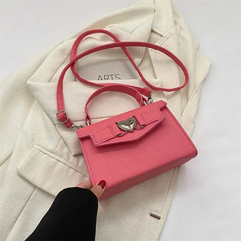 Women Simple Solid Color Heart-Shaped Buckle Square Handle Shoulder Bag - Image 9