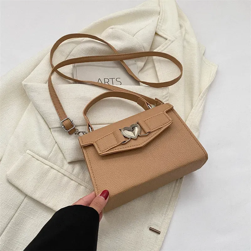 Women Simple Solid Color Heart-Shaped Buckle Square Handle Shoulder Bag - Image 10