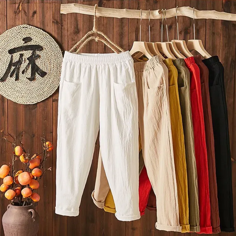 Women Casual Solid Color Cotton Linen Cropped Pants