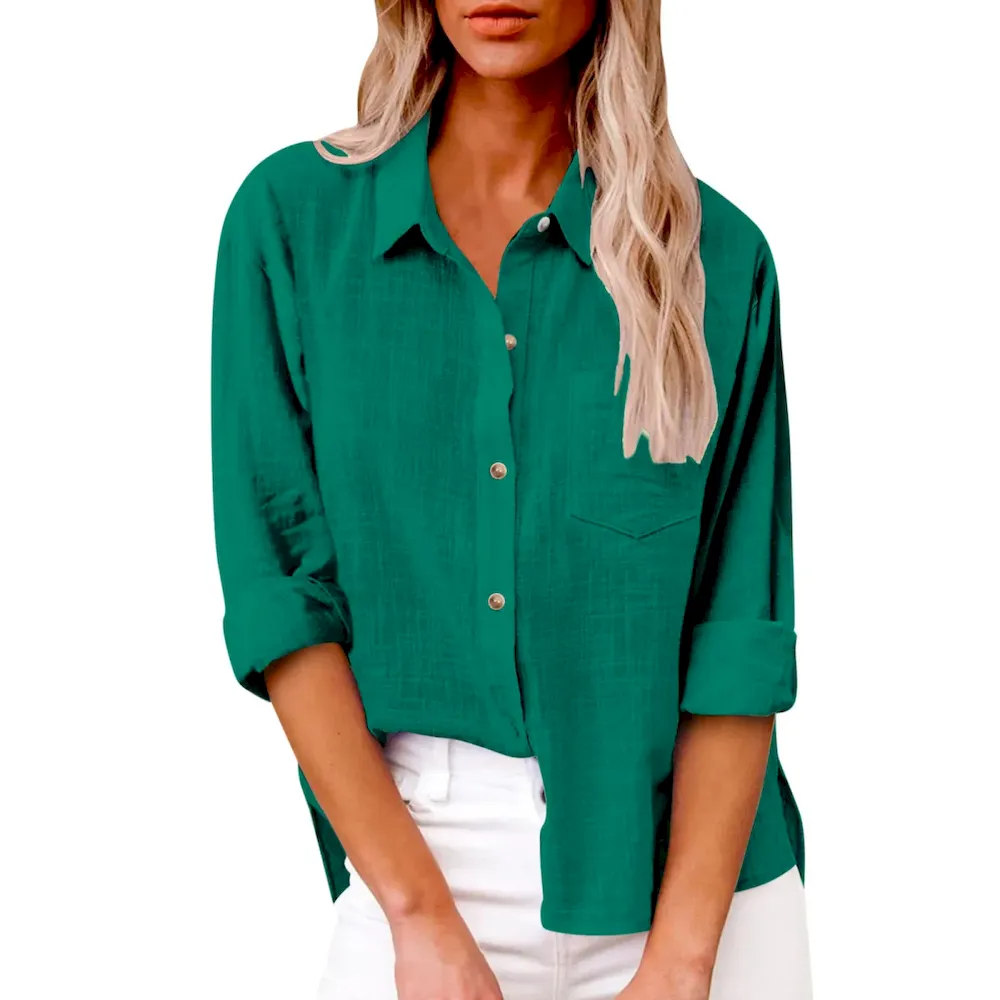 Women Casual Solid Color Cotton Linen Blouses - Image 25