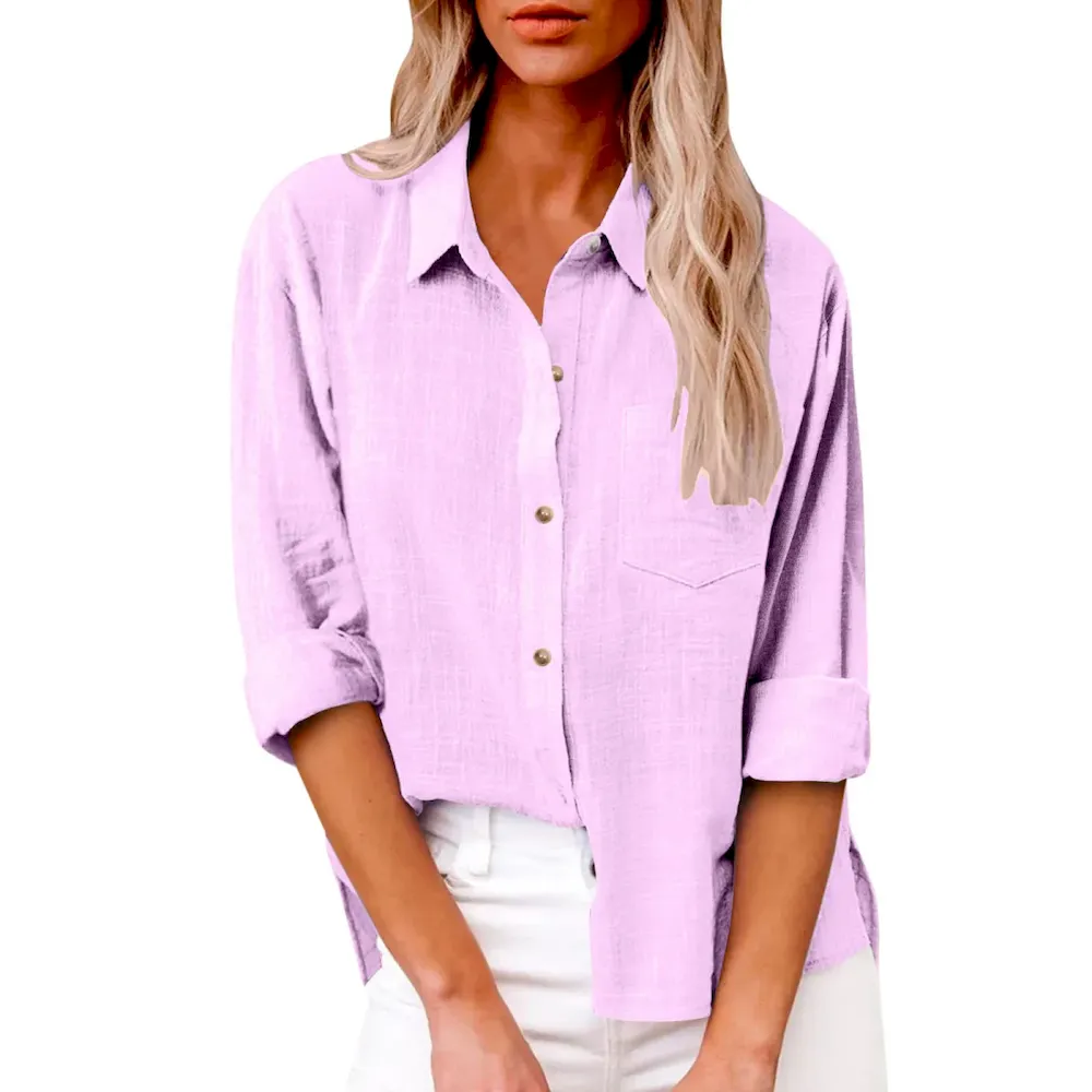 Women Casual Solid Color Cotton Linen Blouses - Image 29