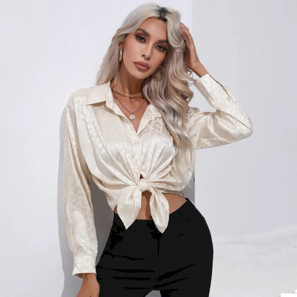 Women Fashion Leopard Satin Silk Long Sleeve Shirt