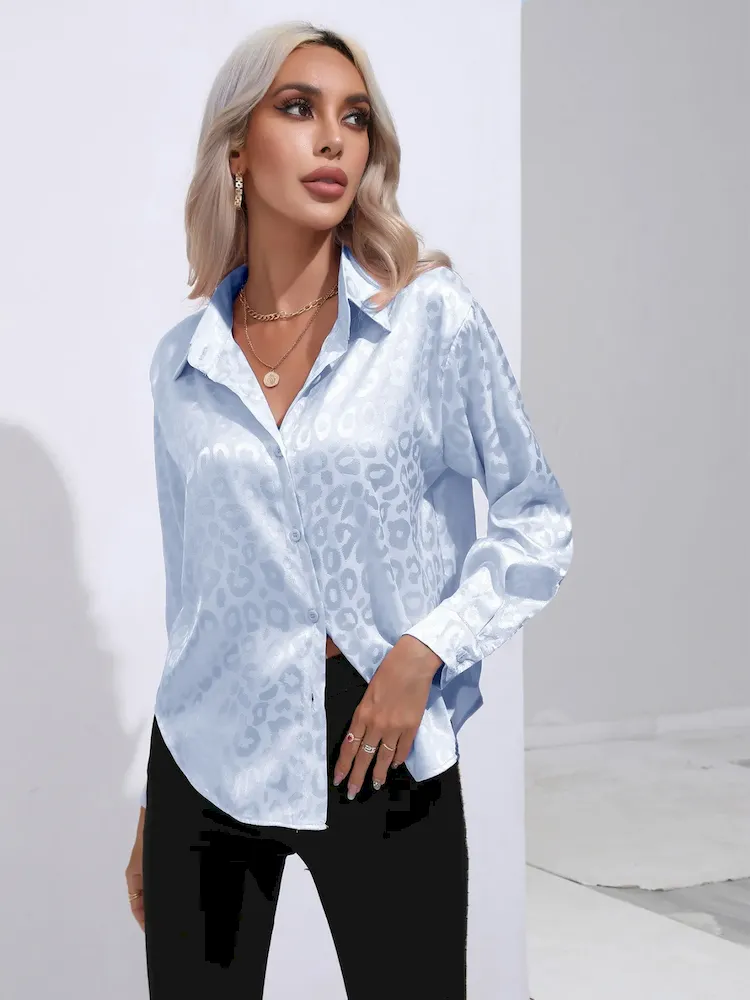 Women Fashion Leopard Satin Silk Long Sleeve Shirt - Image 7