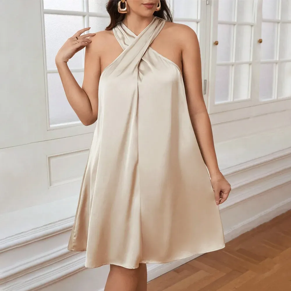 Women Fashion Plus Size Solid Color Cross Halter Neck Acetic Satin Dress - Image 6