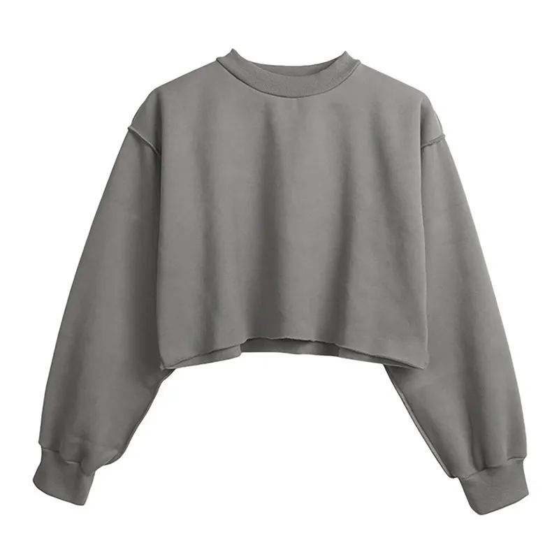 Autumn Winter Women Casual Solid Color Round Neck Long Sleeve Crop Blank Sweatshirt - Image 9