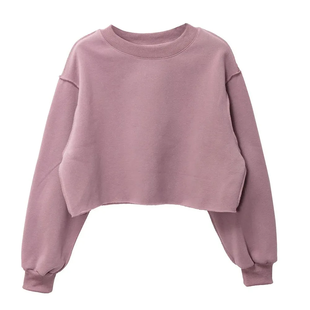 Autumn Winter Women Casual Solid Color Round Neck Long Sleeve Crop Blank Sweatshirt - Image 13