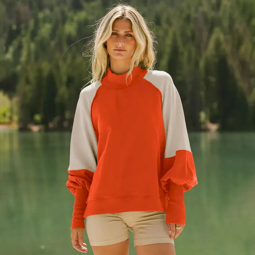 Autumn Winter Women Fashion Loose Colorblock Half-Turtleneck Puff Sleeve Sweatshirt - Image 7