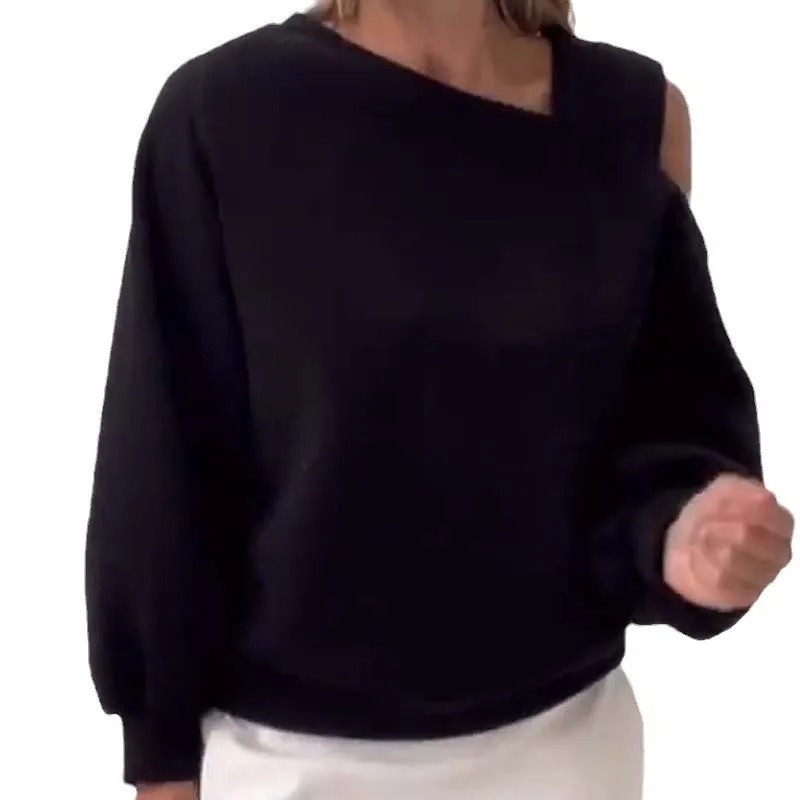 Autumn Winter Women Fashion Solid Color Shoulder Loose Long Sleeve Sweatshirt - Image 5