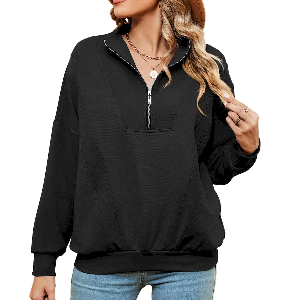 Autumn Winter Women Casual Solid Color Zipper Long Sleeve Blank Sweatshirt - Image 3