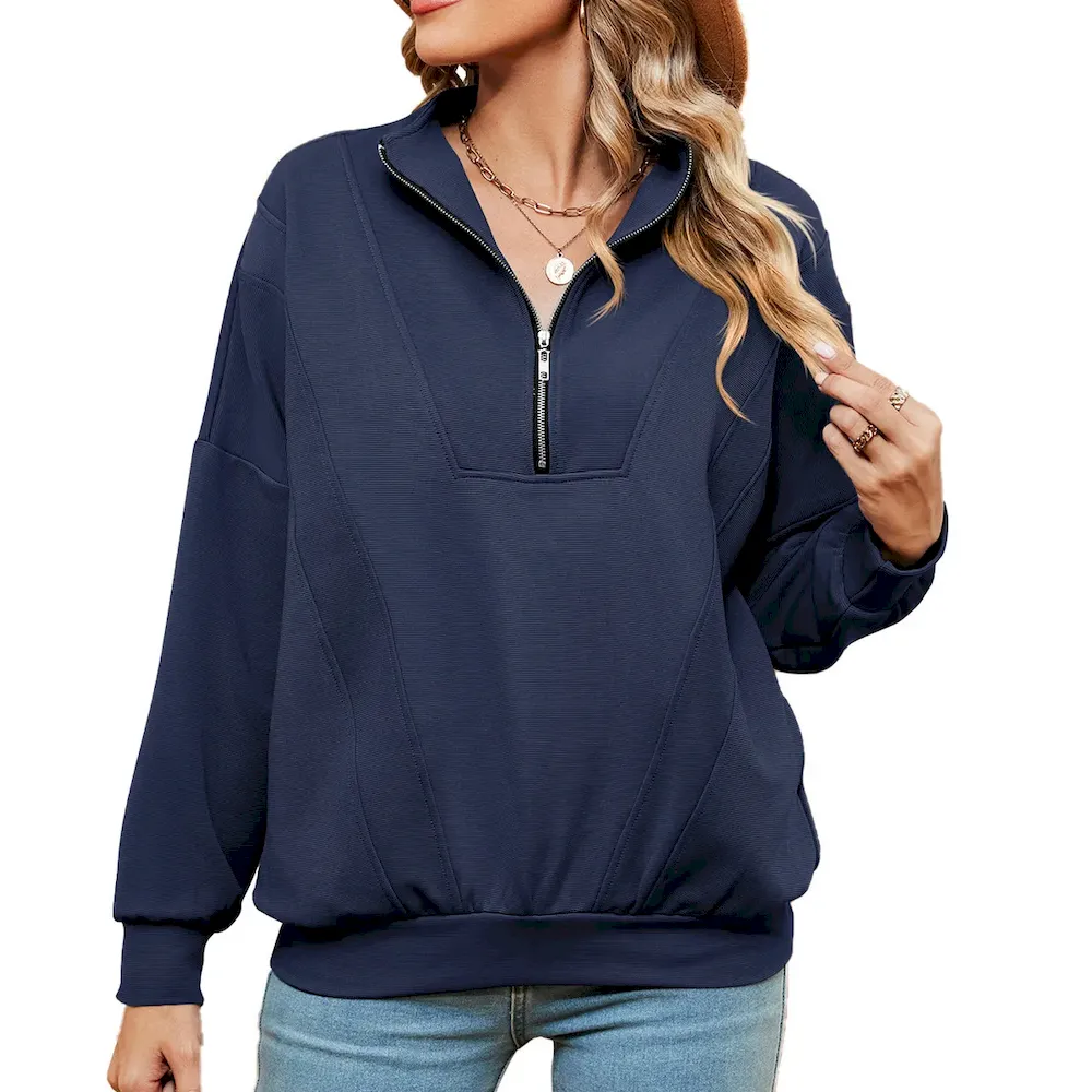 Autumn Winter Women Casual Solid Color Zipper Long Sleeve Blank Sweatshirt - Image 4
