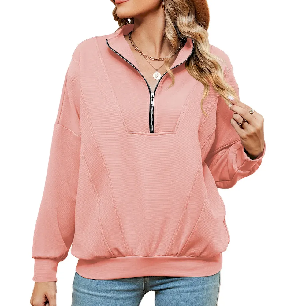 Autumn Winter Women Casual Solid Color Zipper Long Sleeve Blank Sweatshirt - Image 5