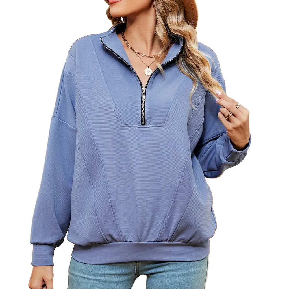 Autumn Winter Women Casual Solid Color Zipper Long Sleeve Blank Sweatshirt - Image 7