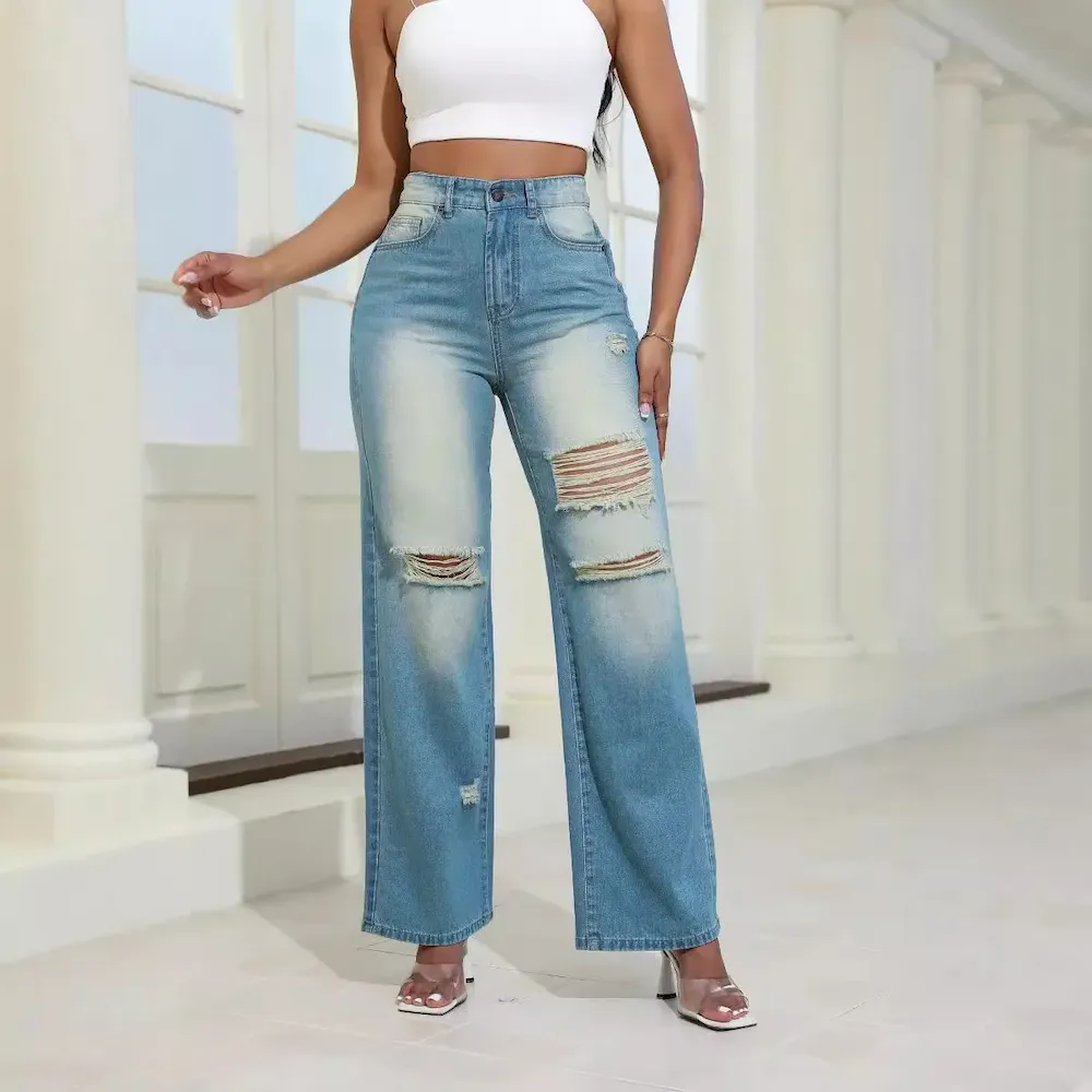 Women Fashion Simple High Waist Ripped Jeans - Image 4